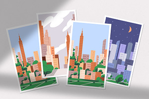 Urban Buildings In City, Posters Set