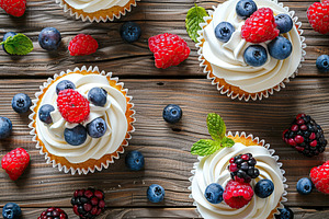 Tasty cupcakes with butter cream and ripe berries on wooden table, a Food & Drink Photo by AlyaAnd