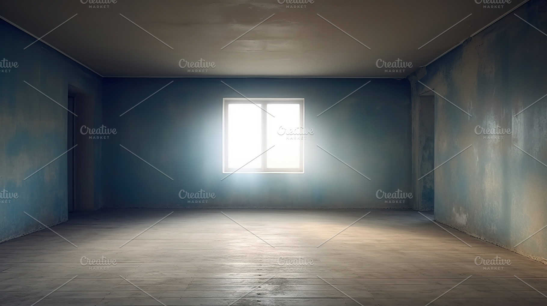 Interior of an old shabby room with blue walls, in need of renov, an Architecture Photo by Studio Light & Shade