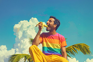 A young man eating a banana at the top of a palm tree, a Person Photo by DanFLCreativo