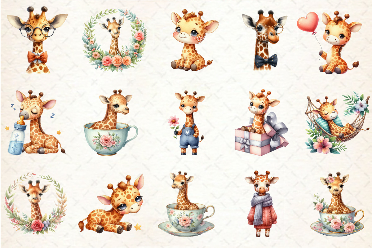 Cute Giraffe Watercolor Cliparts, an Illustration by Rose Art (Photo 2 of 7)