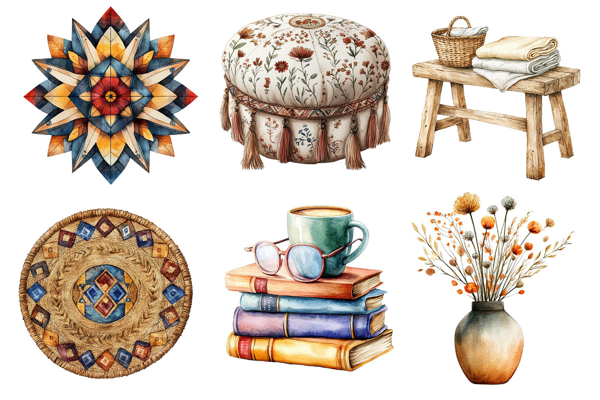 Watercolor Boho Interior Clipart, an Illustration by Dream Creation (Photo 3 of 7)
