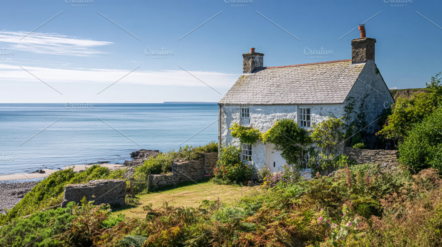 Coastal cottage on cliff overlooking serene blue ocean waters an, a Photo by Studio ANNA