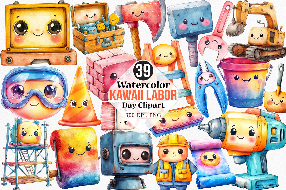 Watercolor Kawaii Labor Day Clipart, an Illustration by Canvas Craft (Photo 1 of 8)