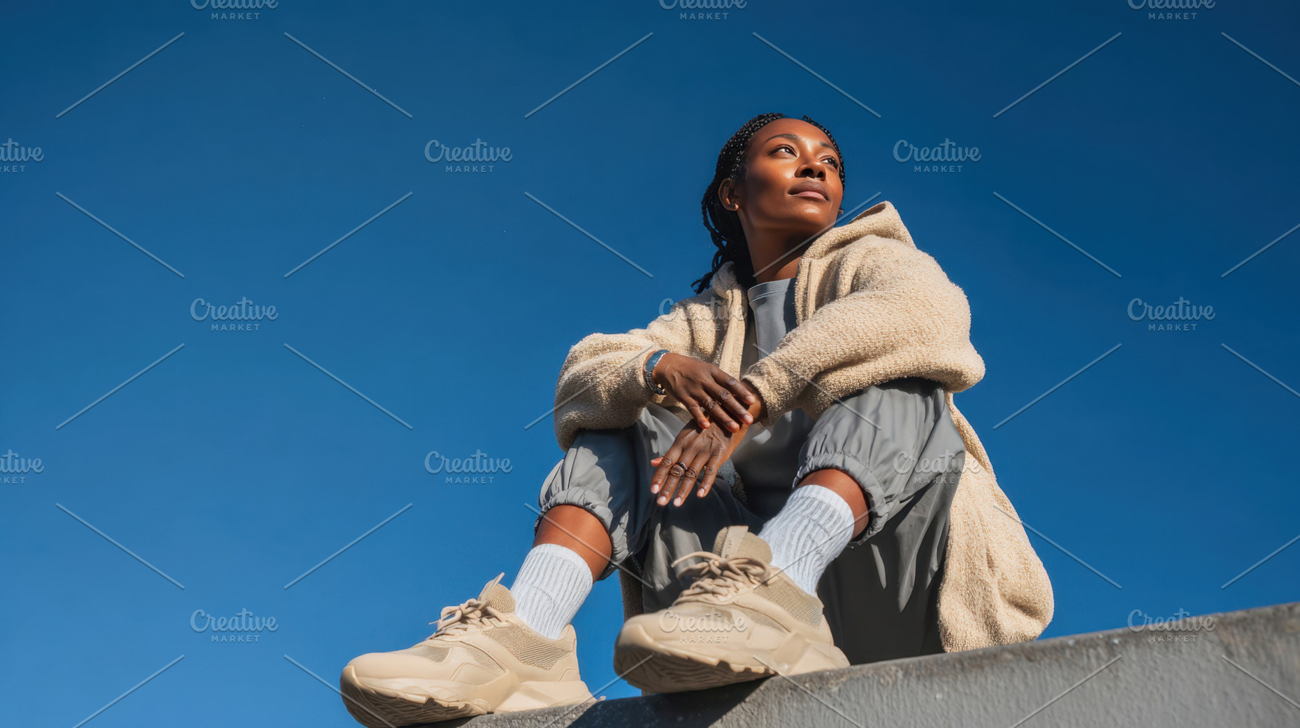 Woman sitting against blue sky, a Photo by Beautiful things
