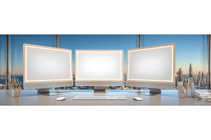 Three empty monitors are positioned, an Architecture Photo by ZinetroN