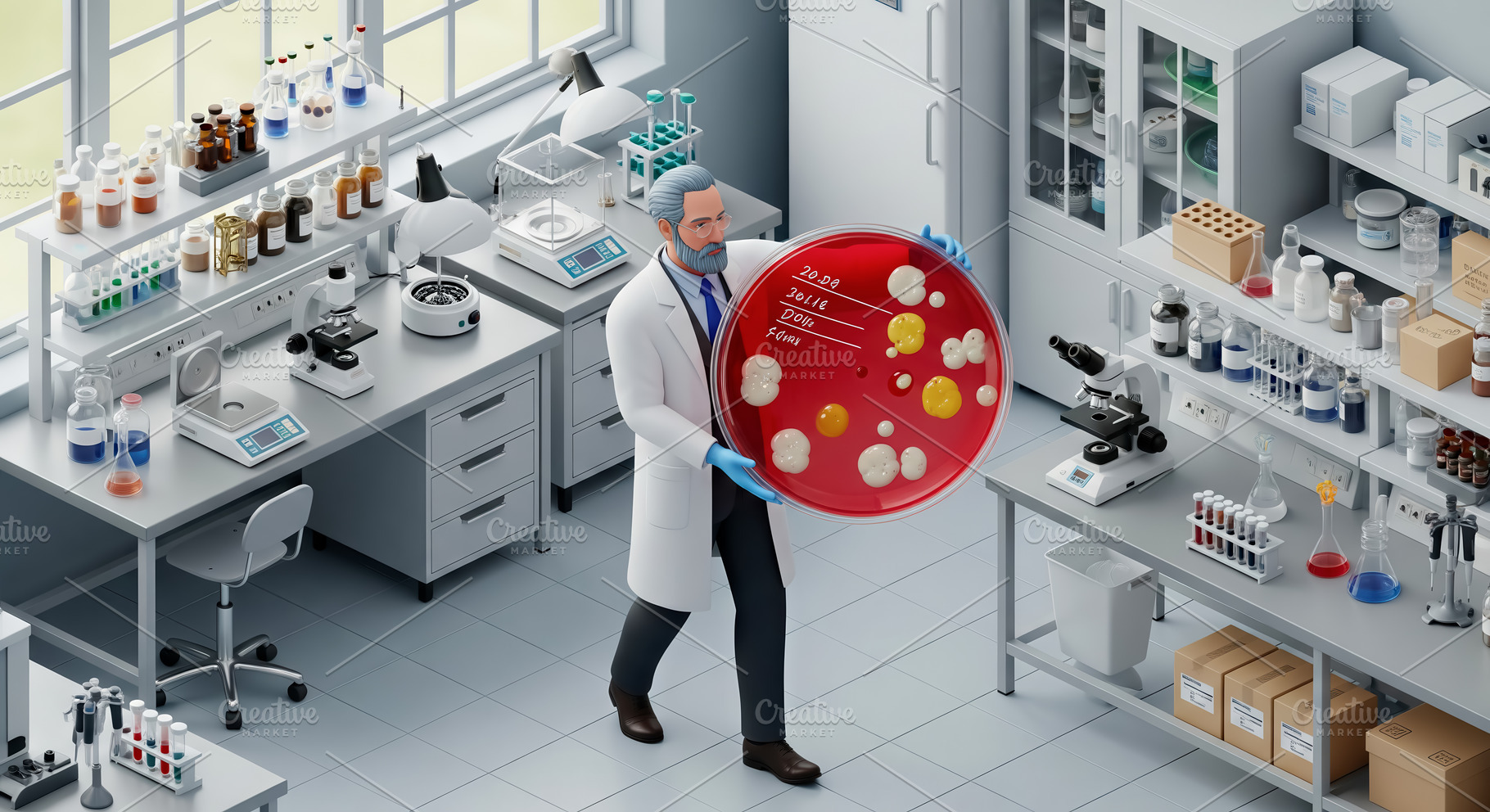 Microbiologist with giant Petri dish, a Photo by angellodeco