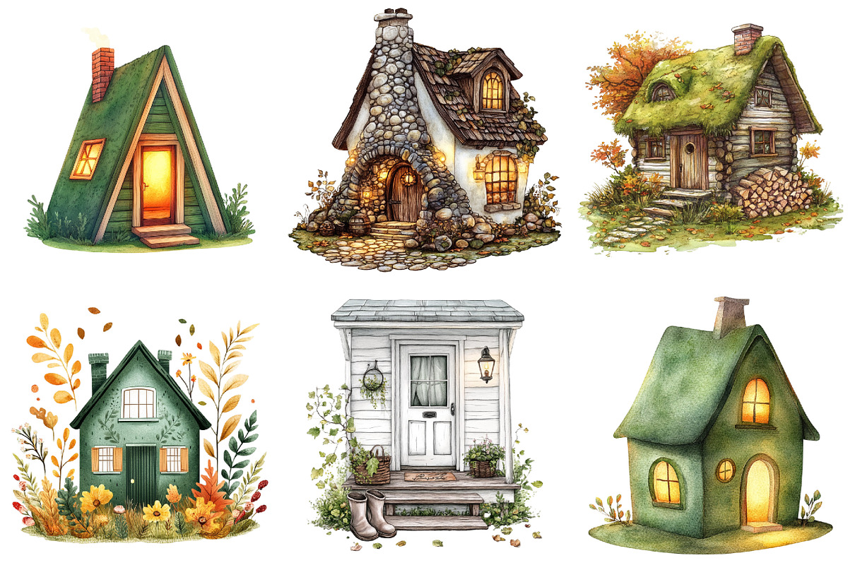 Green Autumn Cottage Clipart, an Illustration by Watercolor design (Photo 4 of 5)