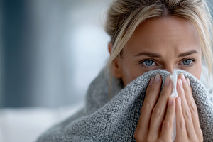 Woman wrapped in a gray blanket hold, a Health & Medical Photo by MistyDay