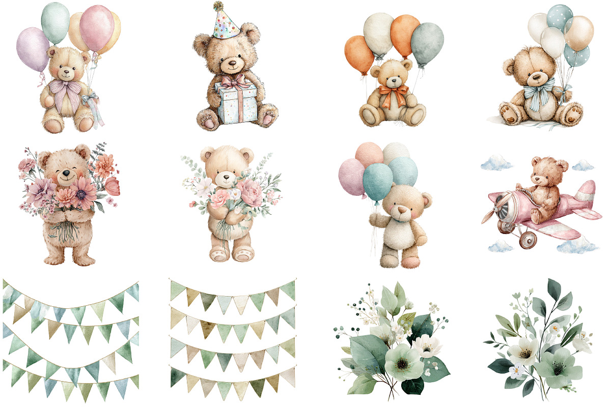 Watercolor Teddy Bear Clipart, an Illustration by DreamCafeArt (Photo 5 of 8)