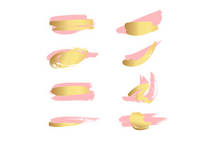 Set Of Pink And Gold Paint, Ink Brush Strokes, Brushes, Lines.