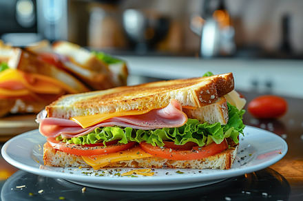 Toast sandwich with cheese, turkey ham, tomato and fresh lettuce on wooden tabl, a Food & Drink Photo by AlyaAnd