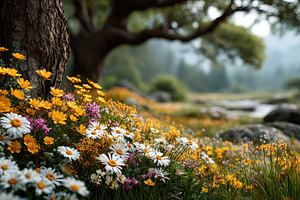 Colorful wildflowers blooming beside tree trunk in sunny mountai, a Nature Photo by José Manuel Gelpi