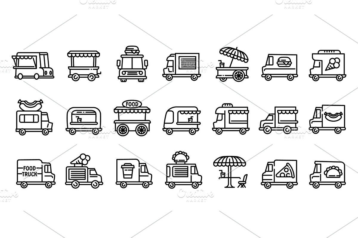 Food truck icons set, outline style, a Food Illustration by Ylivdesign