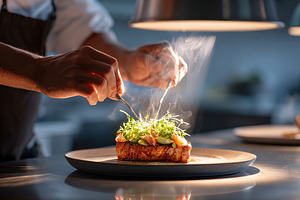 Plating a sleek veggie steak with fresh herbs in a modern kitchen setting, a Food & Drink Photo by AlyaAnd
