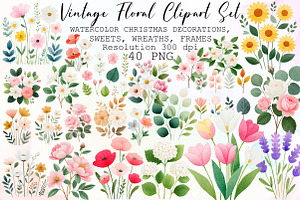 Watercolor Vintage Floral Clipart Se, an Illustration by Sublimation Artist