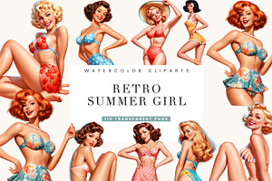 Retro Summer girl Clipart Bundle