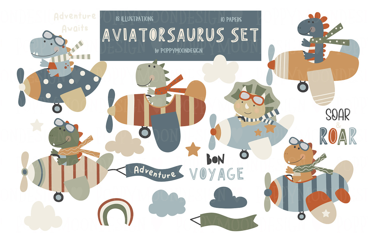 Aviatorsaurus set, an Animal Illustration by Poppymoondesign (Photo 1 of 5)