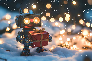 Robot holds gift while surrounded by, a Photo by Tanuart