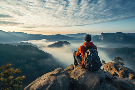 Man hiker sit on edge of cliff and w, a Photo by Iftikhar Alam