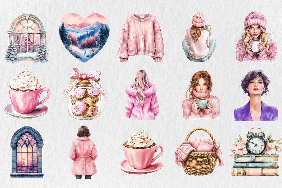 Pink Winter Cozy Aesthetic Clipart, a Seasonal Illustration by Rose Art