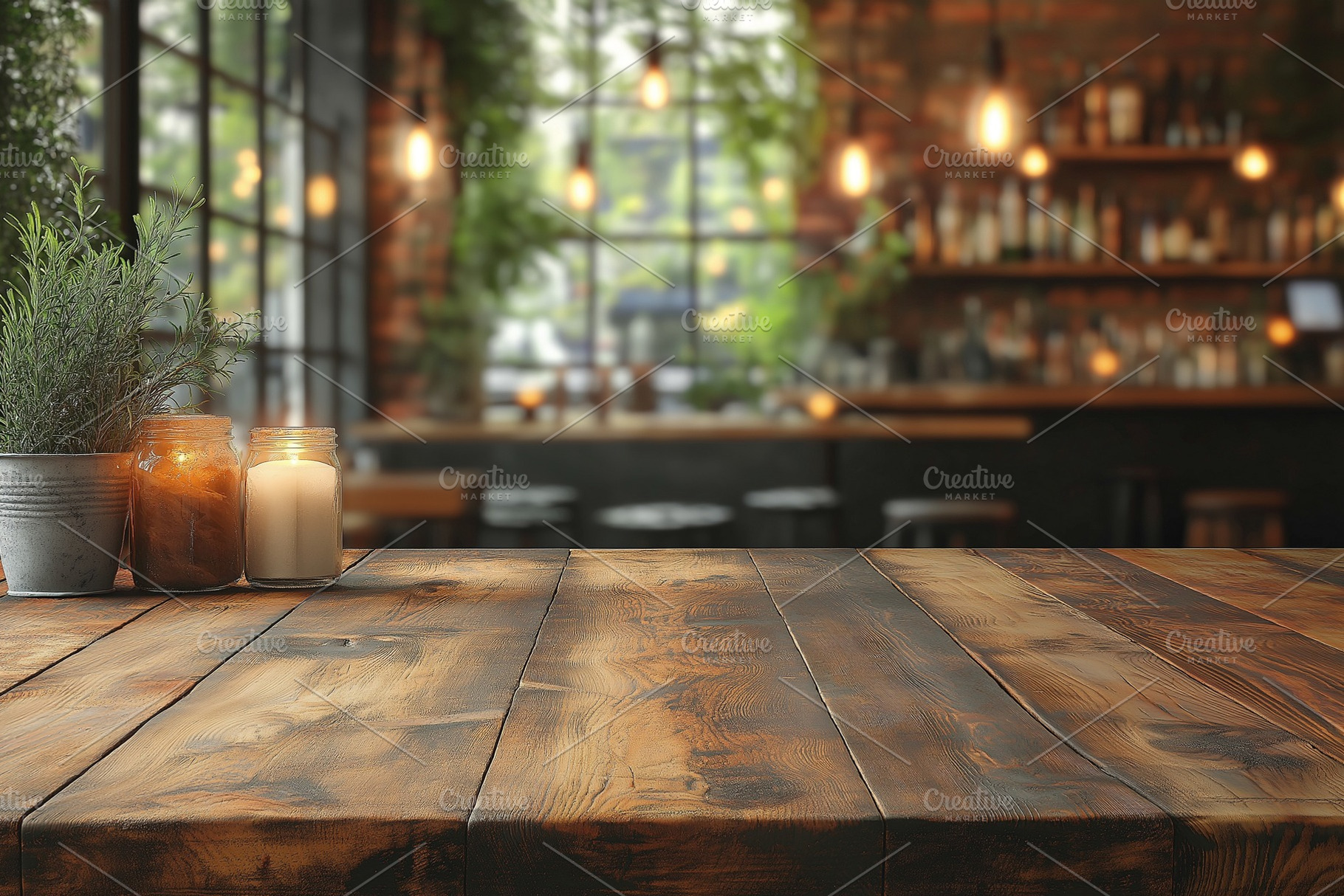 A cozy wooden table with candles and plants in a warm, inviting bar environment, a Background Photo by ImageMir