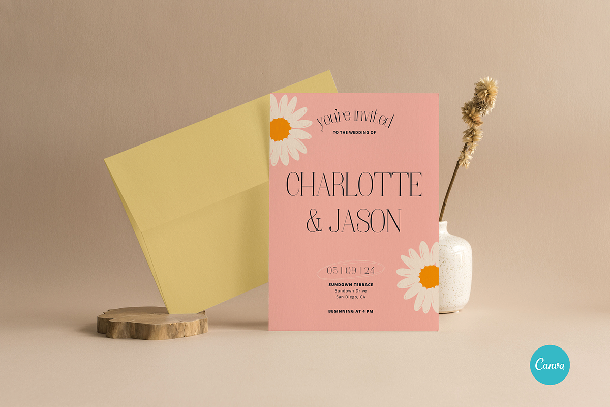 Daisy Floral Wedding Invite CANVA, an Invitation Template by StudioVonBraitenberg (Photo 2 of 9)