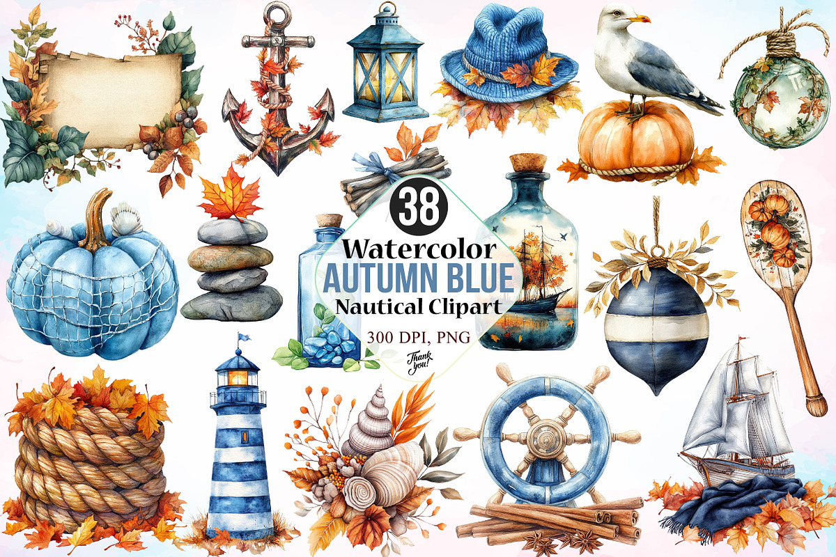Watercolor Autumn Blue Nautical PNG, a Seasonal Illustration by Canvas Craft (Photo 1 of 4)