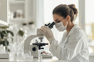 Female scientist with face mask looking on a petri dish under a microscope in m, a Health & Medical Photo by AlyaAnd