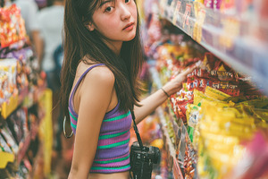 Girl shopping for snacks in a colorf, a Photo by Pixeness Studio
