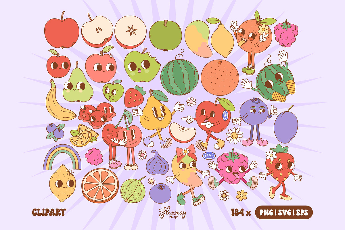 Groovy Retro Fruit Characters bundle, a Food Illustration by Huxmay (Photo 5 of 7)