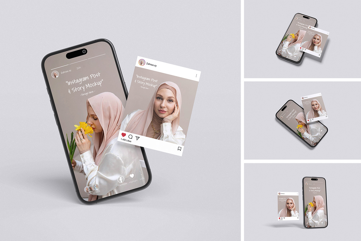 INSTAGRAM POST & STORY MOCKUP, an iPhone Mockup by HanaSaka_Studio (Photo 1 of 5)