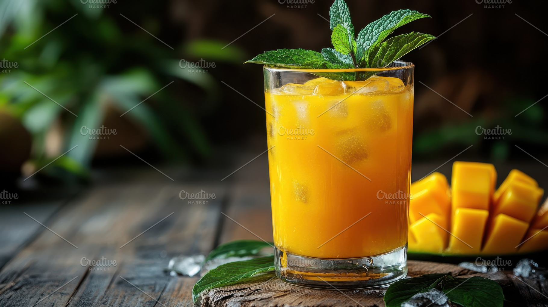 Refreshing mango beverage with ice,, a Food & Drink Photo by Pixeness Studio