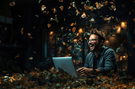 Young man working on laptop in a dark room with autumn leaves fa, a Photo by AS photostudio