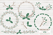 Emerald Holly Wreaths & Backgrounds, an Illustration by Amanda Ilkov (Thumbnail 1 of 5)