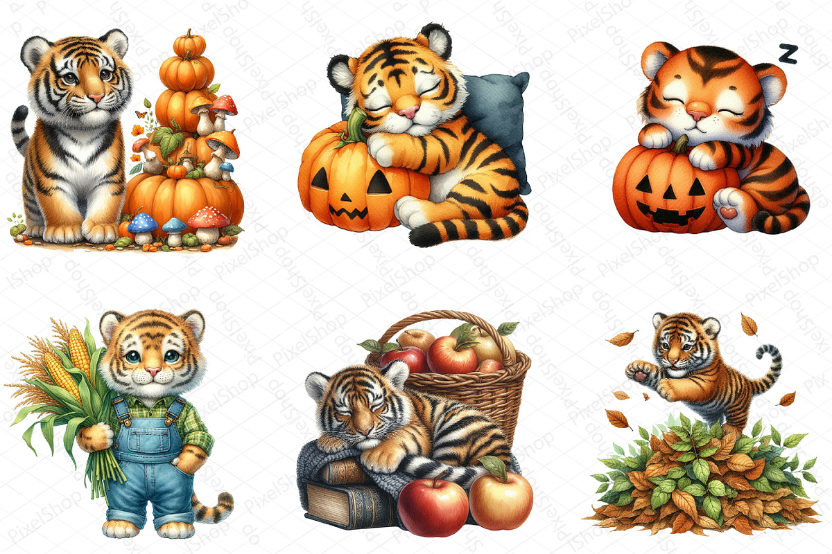 Watercolor Autumn Tiger Clipart Bund, an Illustration by DreamPrint404 (Photo 2 of 6)