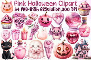 Pink Halloween Clipart, Cute Hallowe, an Illustration by Sublimation Artist