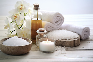 Spa setting with sea salt, towel and, a Photo by Iftikhar Alam