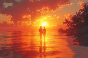 Couple walking along the beach durin, a Photo by Tanuart