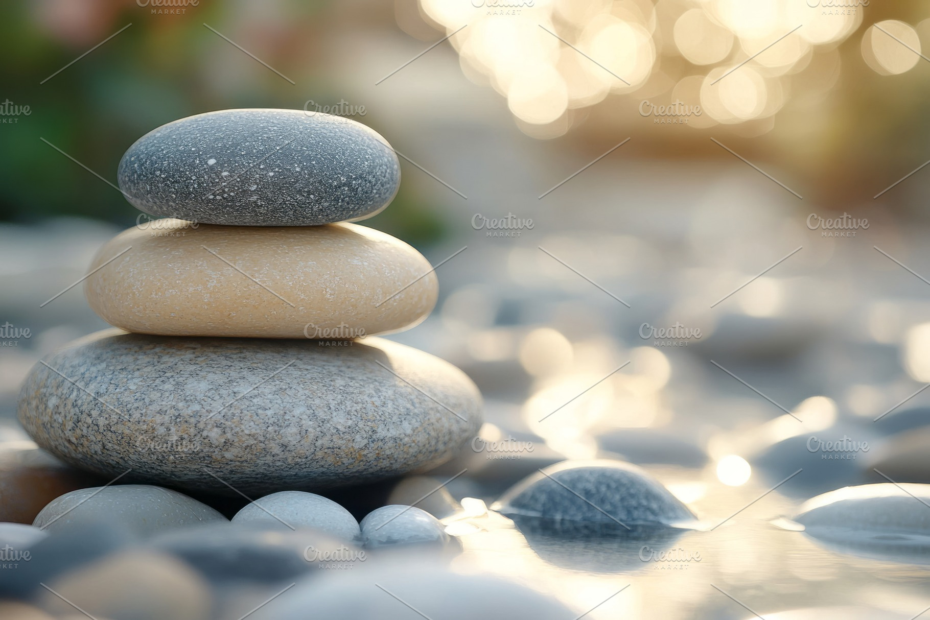 A serene stack of three smooth stones rests on a bed of pebbles, capturing the, a Background Photo by ImageMir