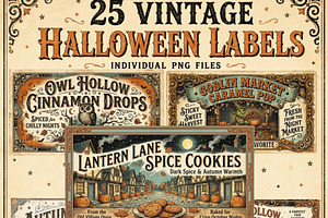 Vintage Halloween Labels PNG Bundle, a Seasonal Illustration by Tanya Kart