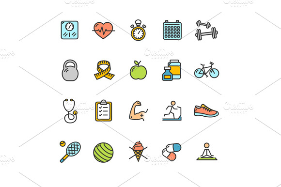 Health Fitness Icon Color Set.