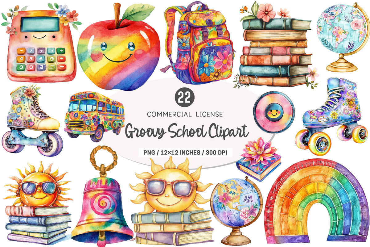 Groovy School Sublimation Clipart, an Illustration by SinaCreation (Photo 1 of 5)