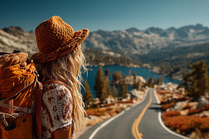 Hiker with orange backpack overlooking a winding road to a mountain lake landsc, a Photo by AS photostudio