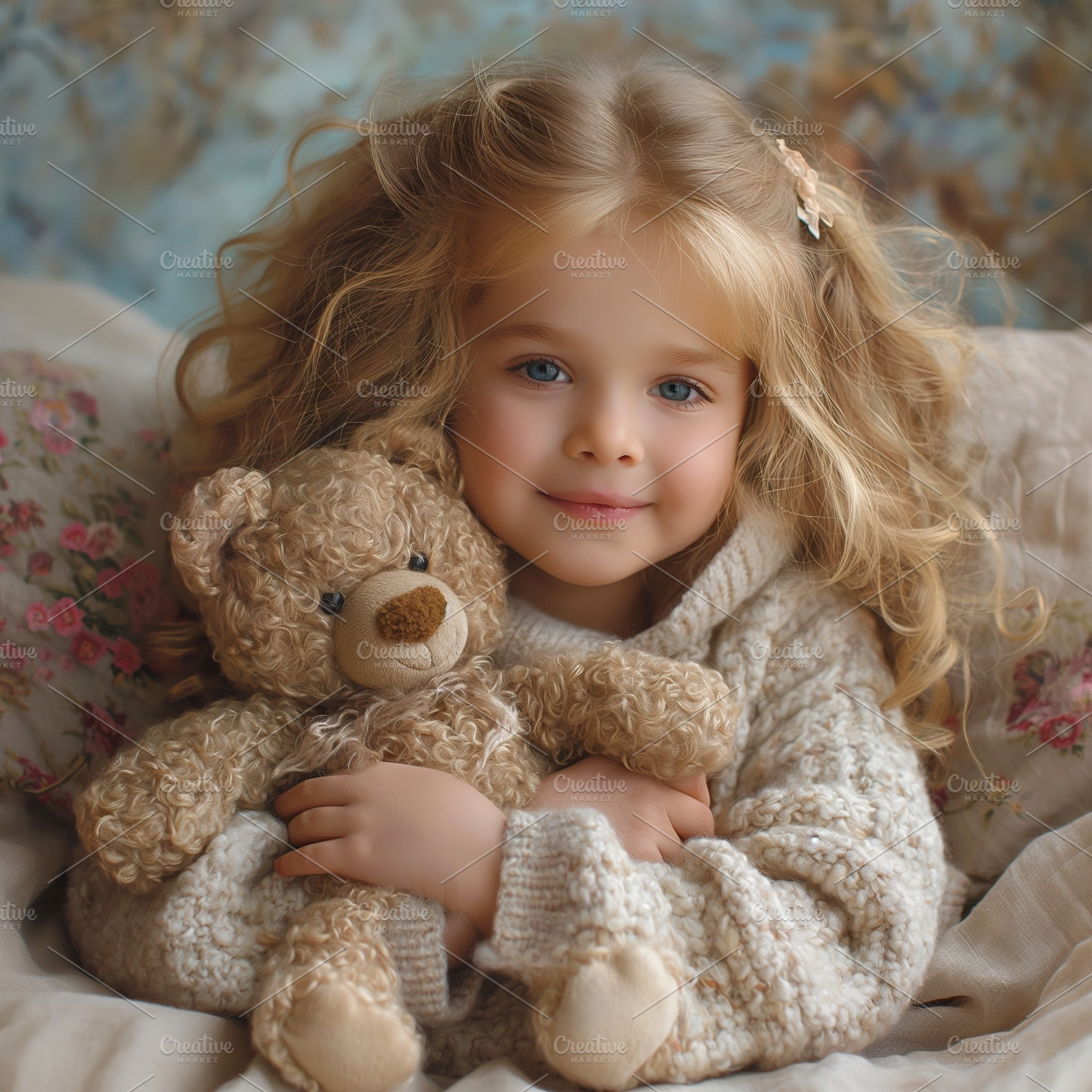 A joyful young girl with curly blonde hair snuggles with a teddy bear, wearing, a Person Photo by ImageMir