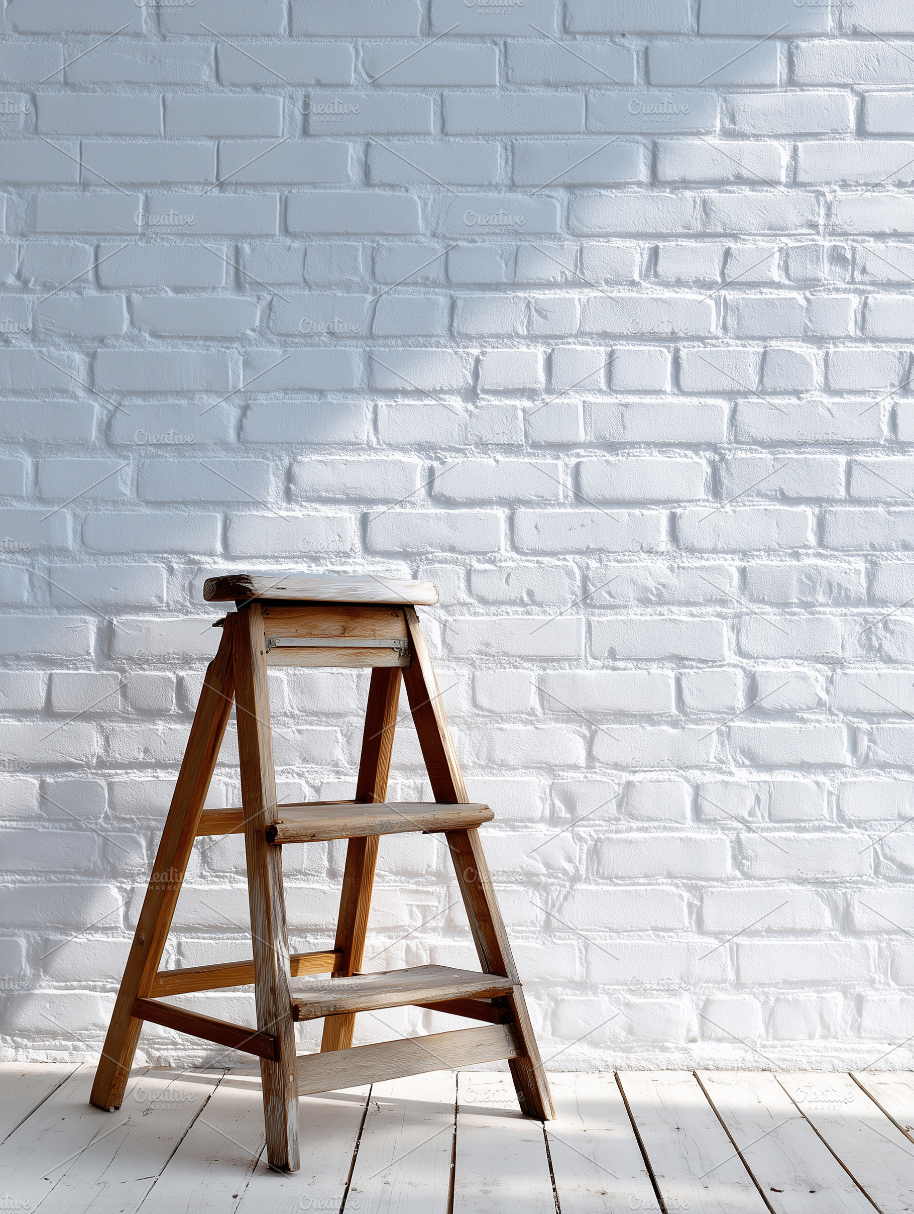 Rustic wooden step ladder against a, an Architecture Photo by MistyDay