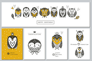 Set greeting cards. Owls, penguins.
