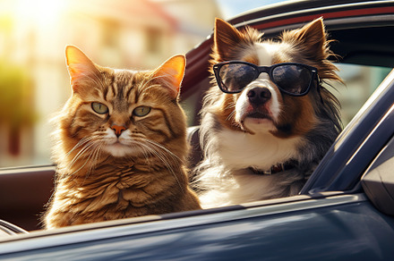 Dog and cat looking out car window. Travel by car. Generative AI, an Animal Photo by AlyaAnd