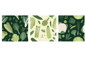 Green vegetables seamless patterns, a Food Illustration by YummyBuum