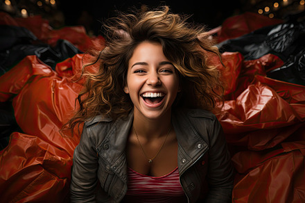 Happy girl laughing surrounded by nu, a Photo by SaroStock